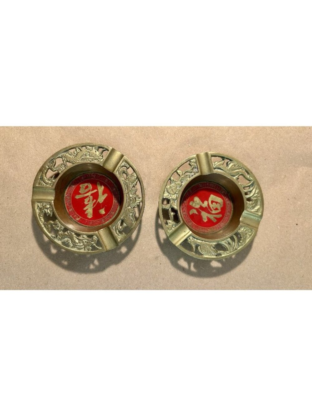 Set of 2-Vintage Brass Red Enamel Ashtrays- Chinese w/ Flower and Dragon Cutouts